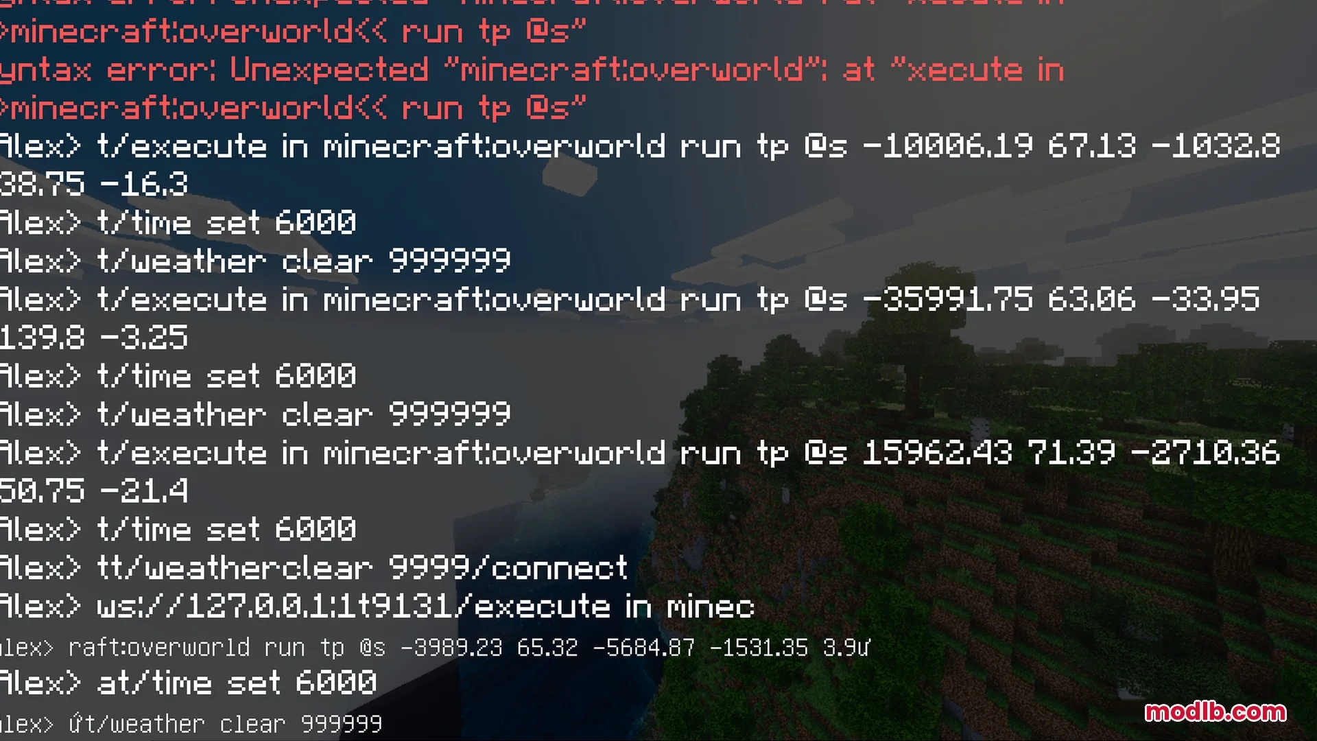 Mike's Chroma Visuals Shader Screenshot 7 Minecraft chat screen showing teleportation commands over a vibrant green forest biome