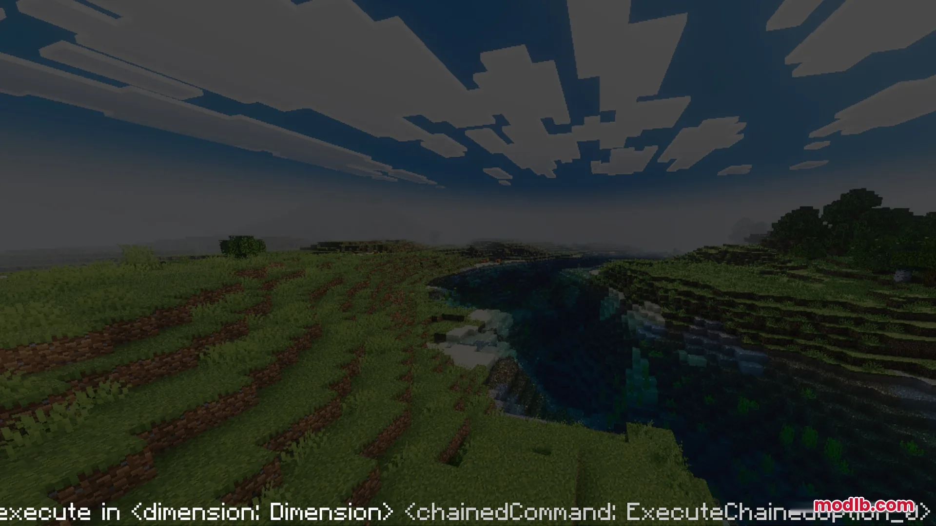 Mike's Chroma Visuals Shader Screenshot 5 A dark Minecraft landscape with a river under a deep blue night sky