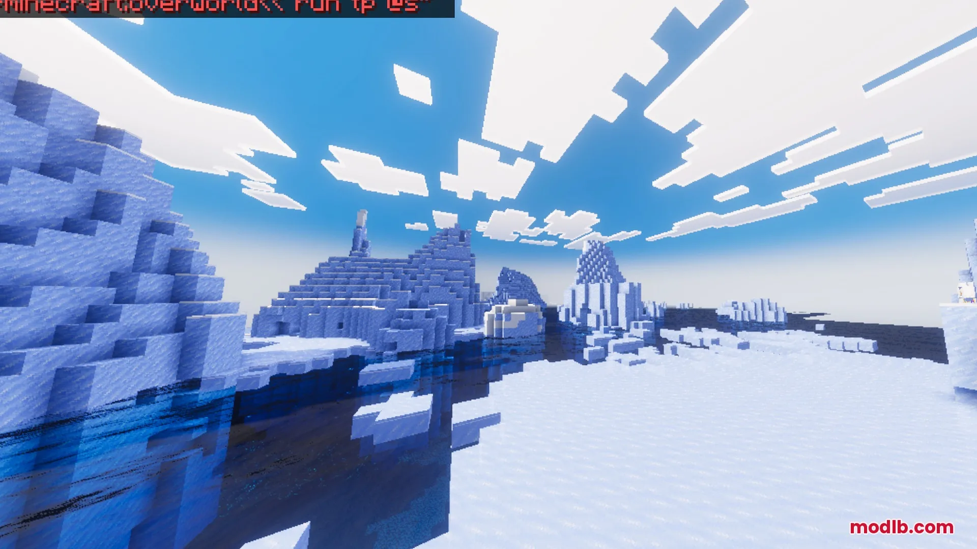 Mike's Chroma Visuals Shader Screenshot 3 Vibrant icebergs and clear blue water in a frozen Minecraft ocean biome