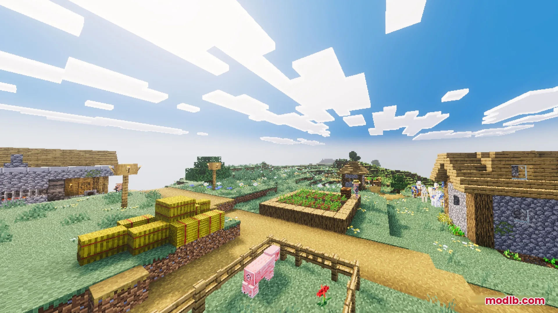 Mike's Chroma Visuals Shader Screenshot 6 Vibrant village scene featuring hay bales and a pink sheep in a pen