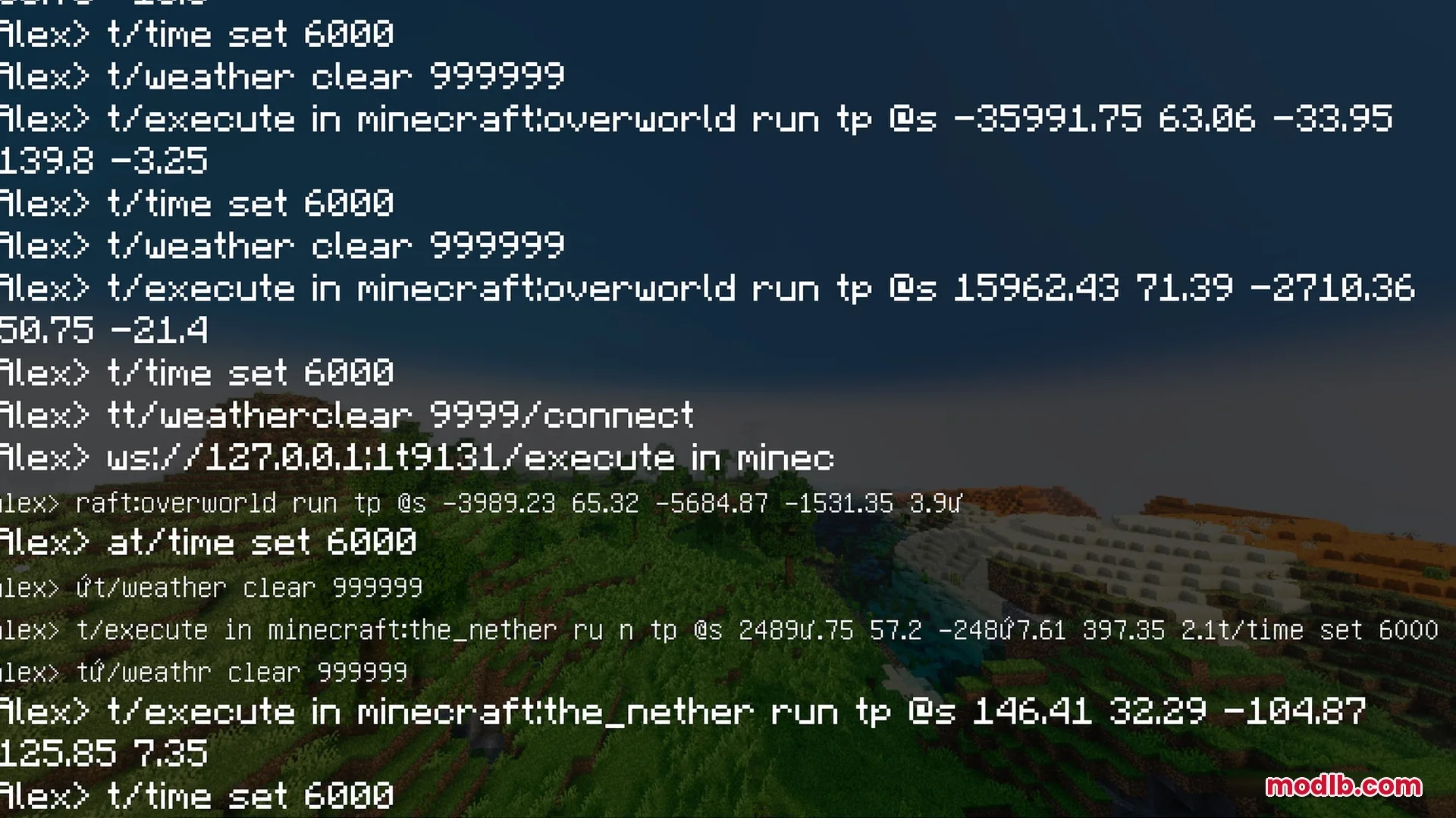 Mike's Chroma Visuals Shader Screenshot 9 Minecraft chat interface showing teleport and weather commands over a forest biome