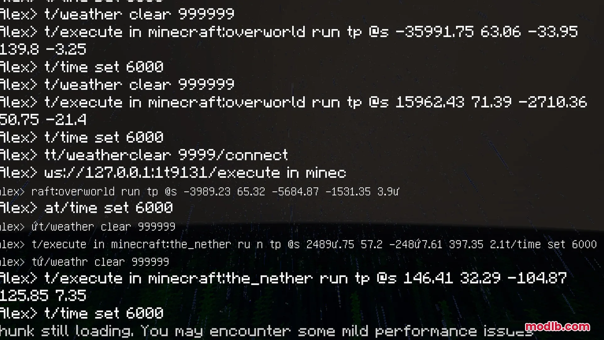 Mike's Chroma Visuals Shader Screenshot 10 Performance warning message and console commands displayed over a vibrant Minecraft landscape