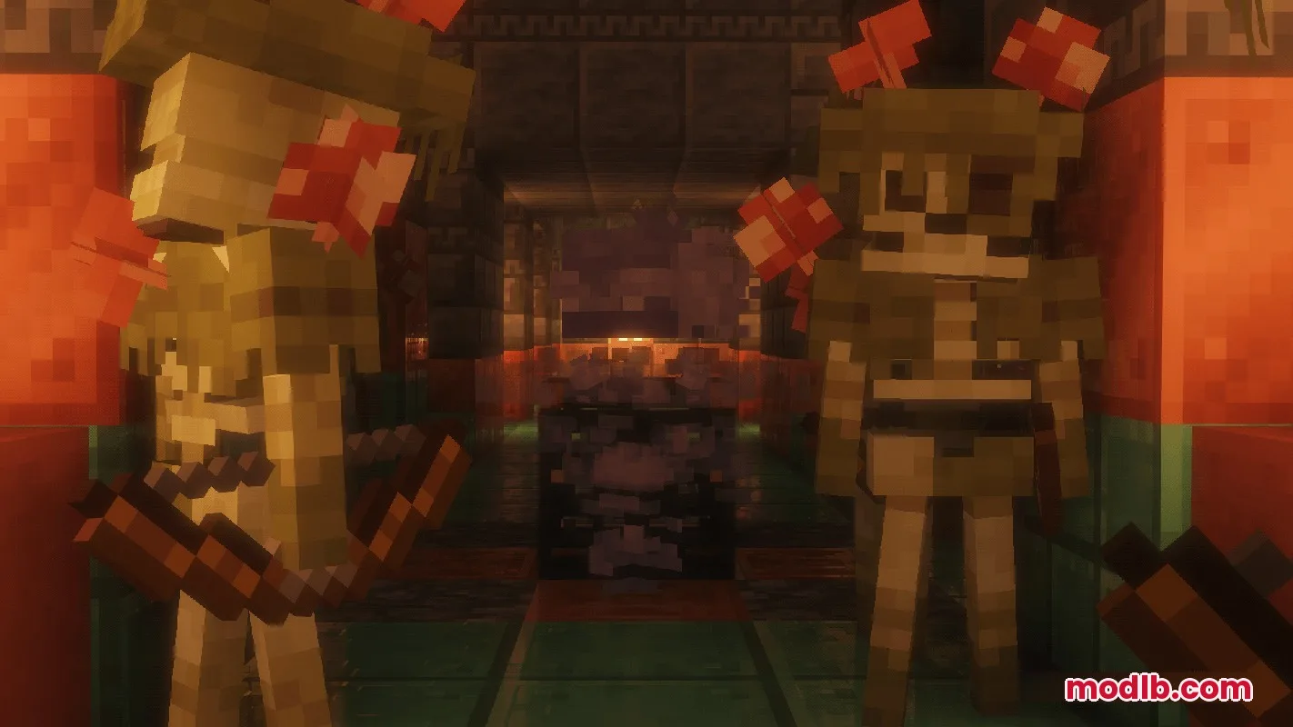 Two Bogged skeletons standing in a trial chamber near a mob spawner