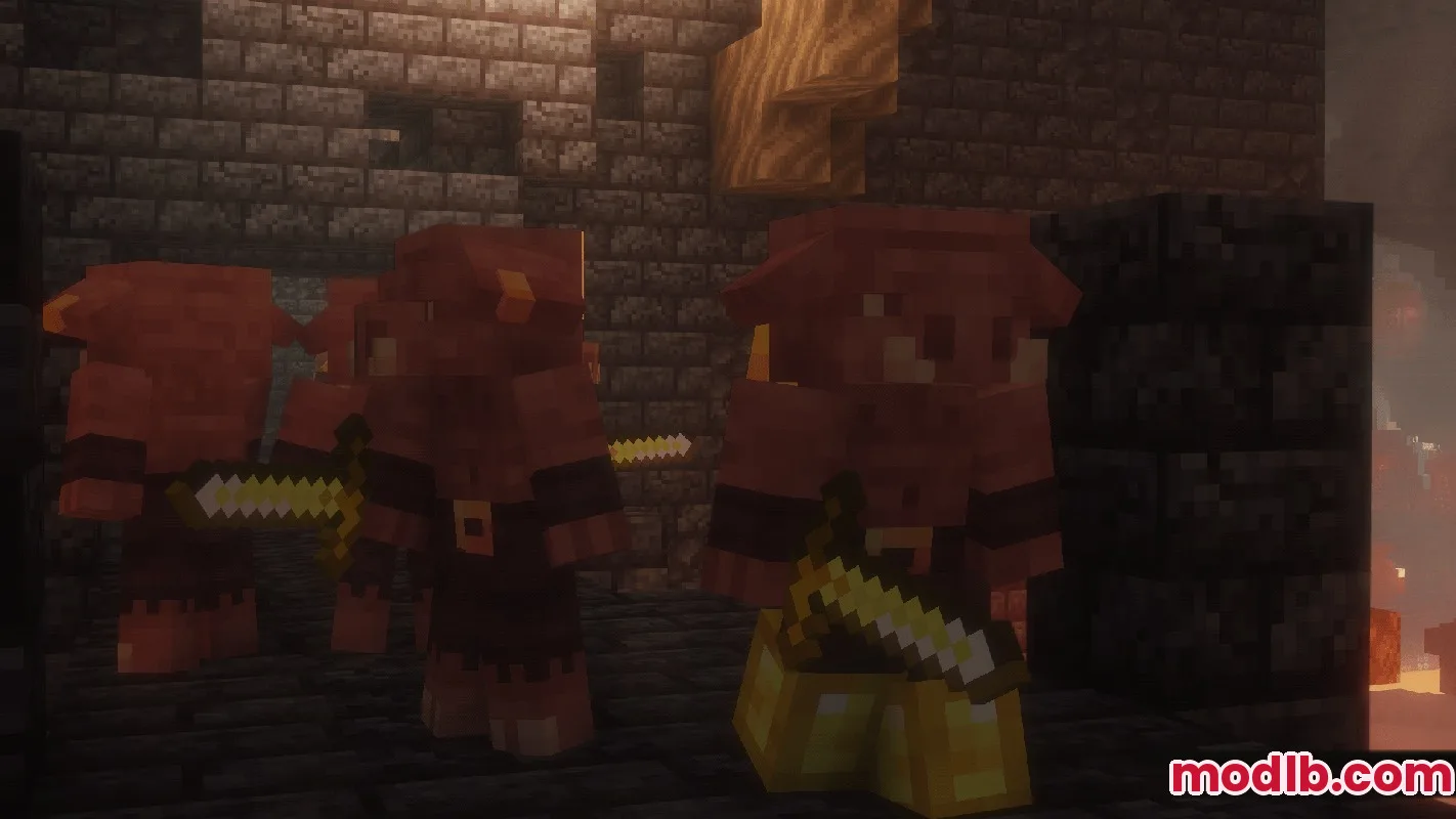 A group of Piglins holding golden swords inside a dark stone structure