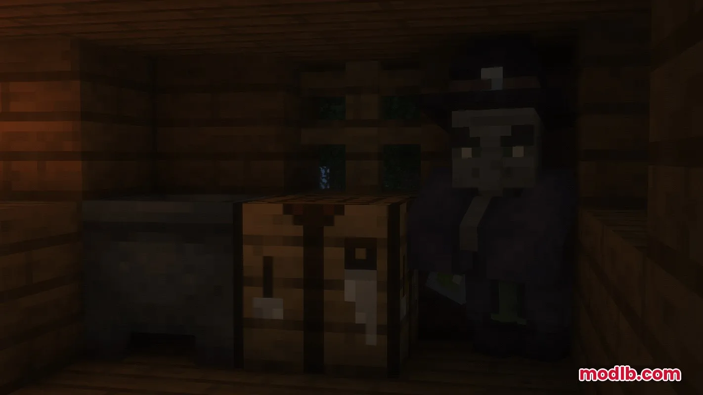 A witch standing inside a wooden hut near a cauldron and crafting table