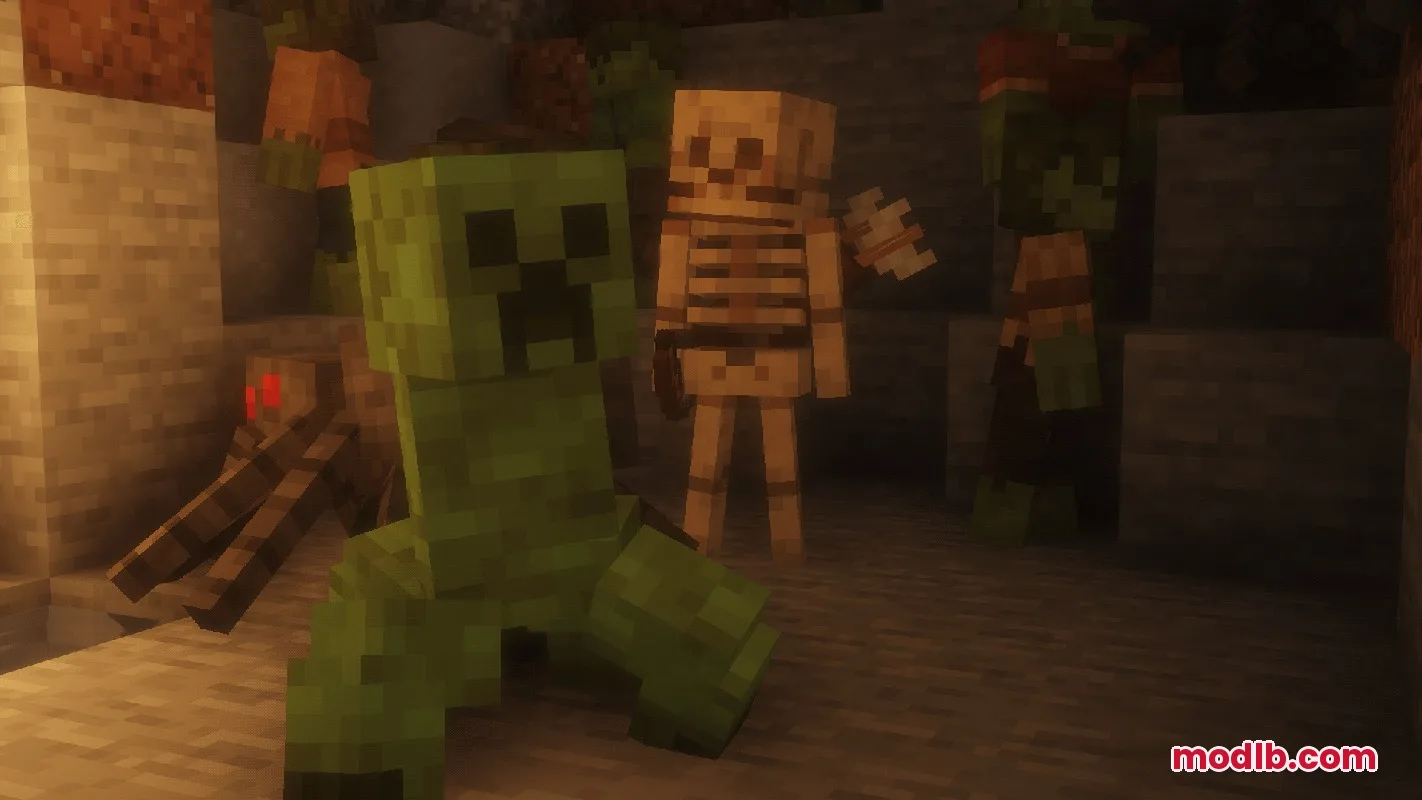 A group of classic Minecraft monsters gather inside a dimly lit stone cave
