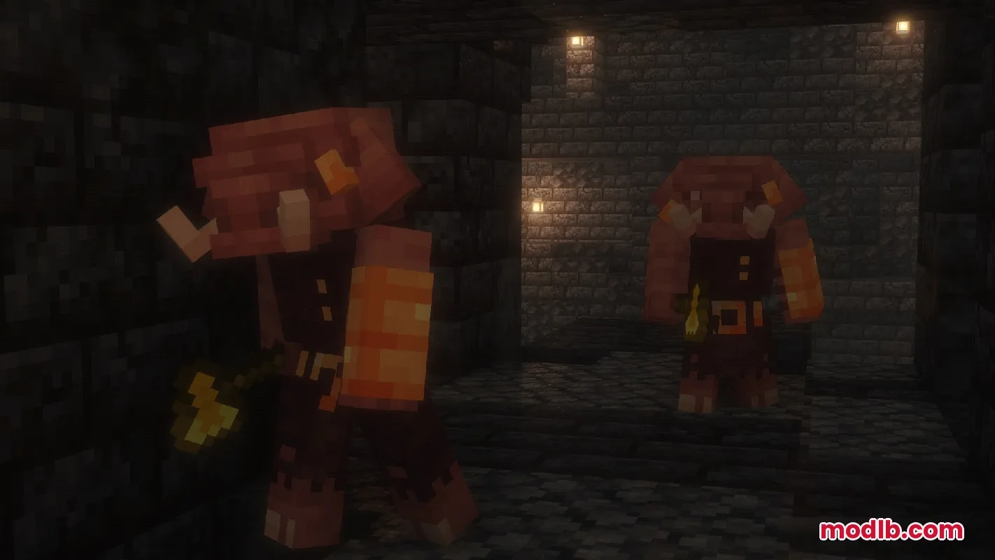 Two Piglins walking through a dark stone brick corridor with golden axes