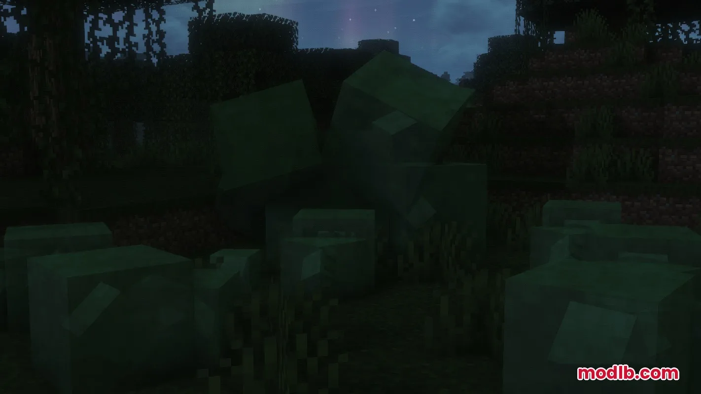 A group of green slimes bouncing in a dark swamp at night