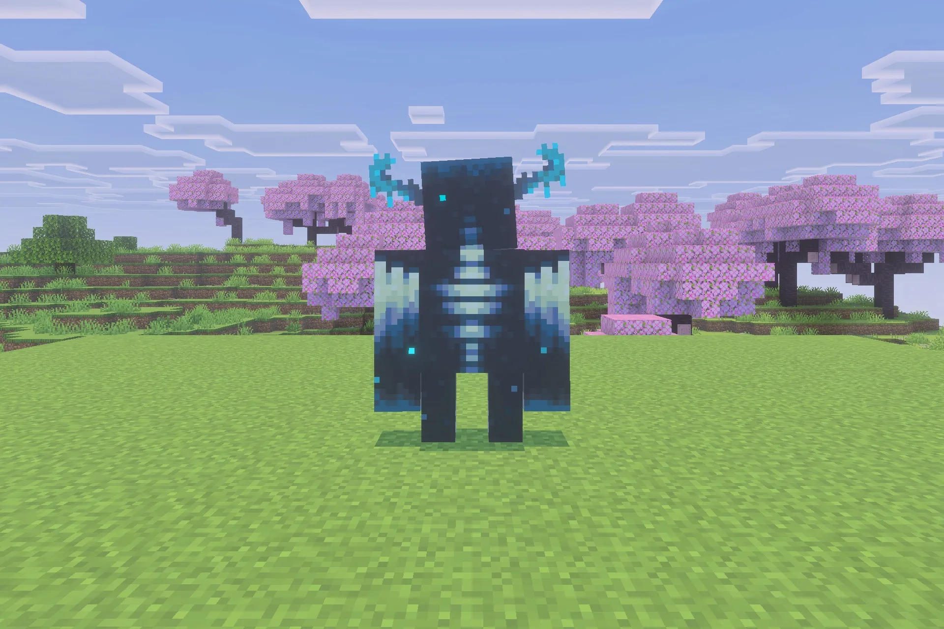 A player transformed into a Warden standing in a cherry blossom biome