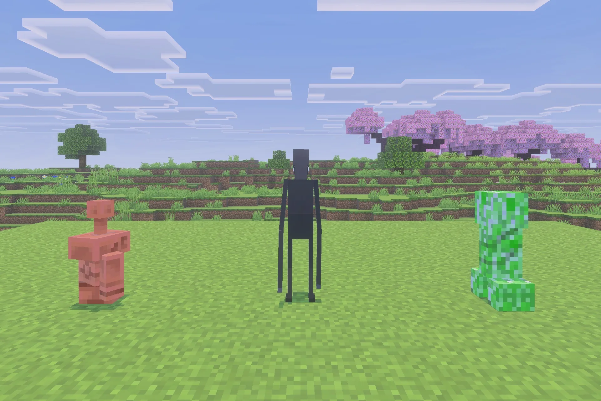 A Copper Golem Enderman and Creeper standing together in a cherry grove