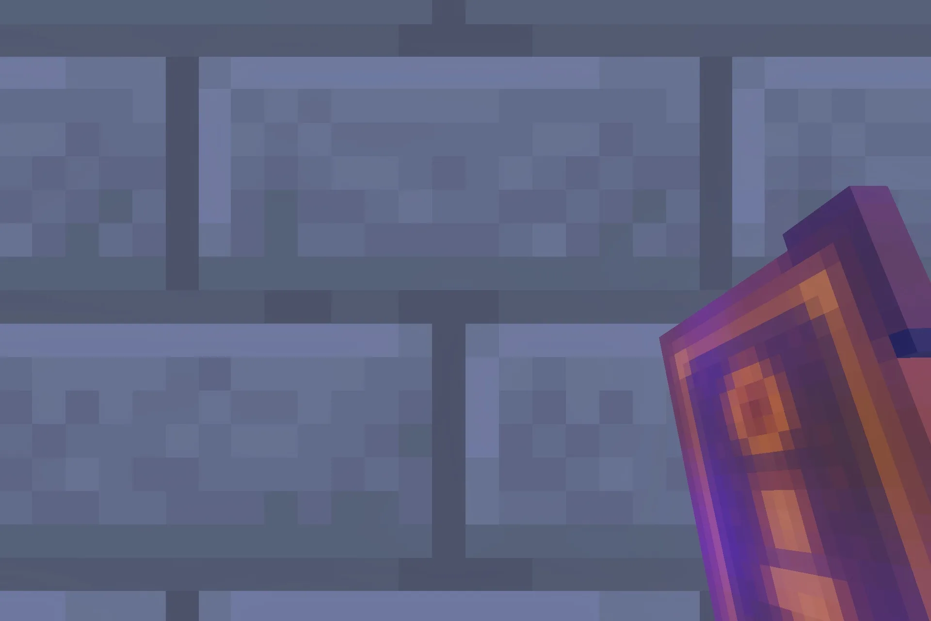 A player holding a special morph menu item in front of stone bricks