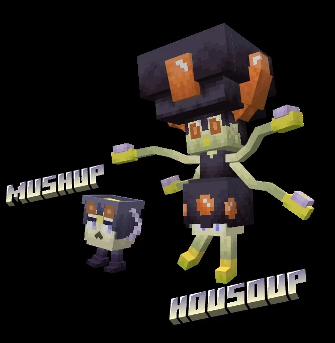Mythic Fossil Fusions Data Pack Screenshot 6 Two soup creatures named Mushup and Housoup standing against a black background