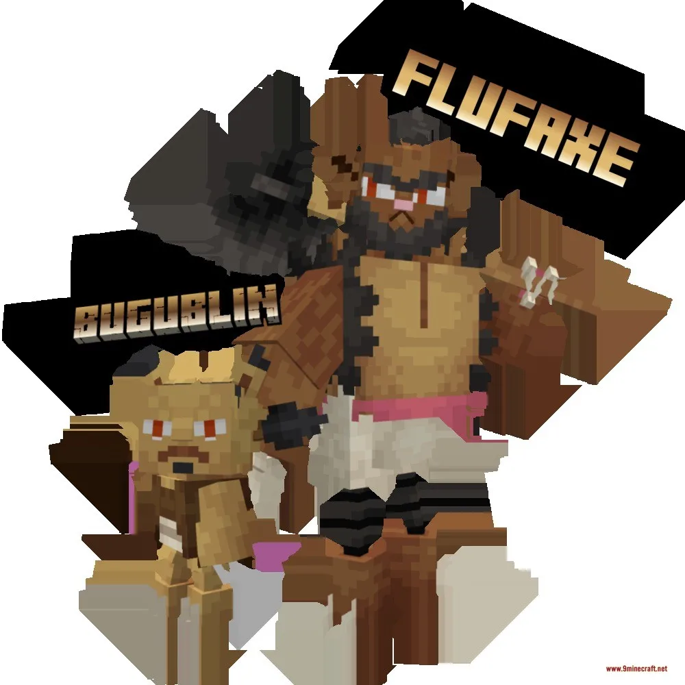 Mythic Fossil Fusions Data Pack Screenshot 9 A large brown Flufaxe creature with an axe stands next to Bugublin