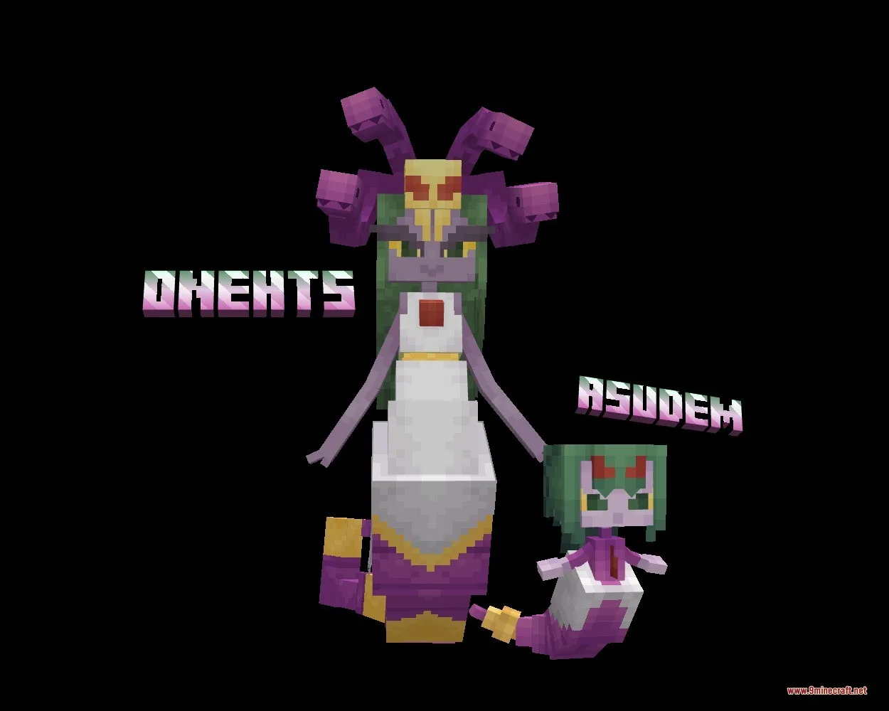 Mythic Fossil Fusions Data Pack Screenshot 2 Two purple and green snake creatures named Dnehts and Asudem posing together