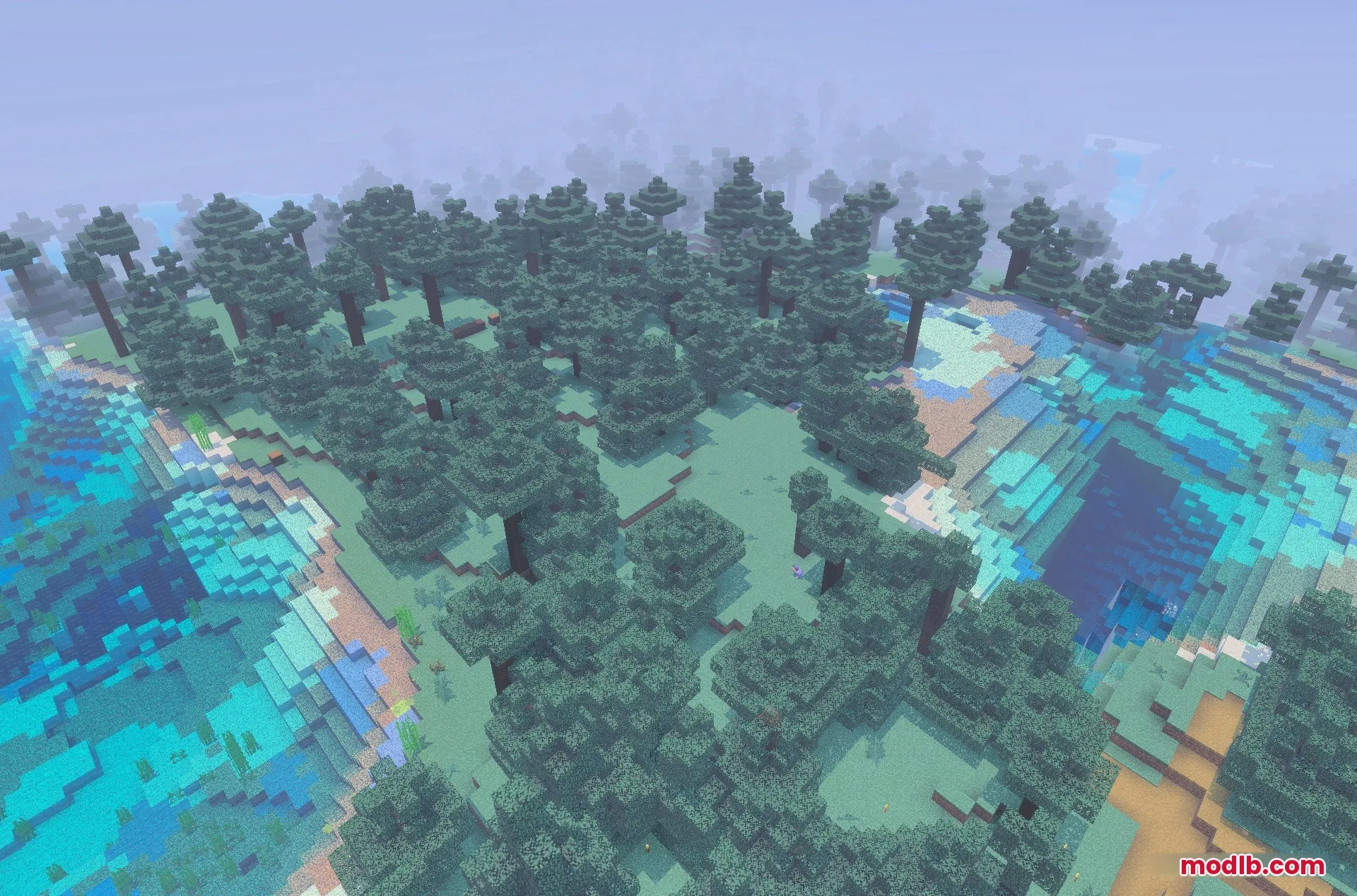 New Land SMP Map Screenshot 5 Aerial view of the custom terrain and spruce forests in New Land SMP