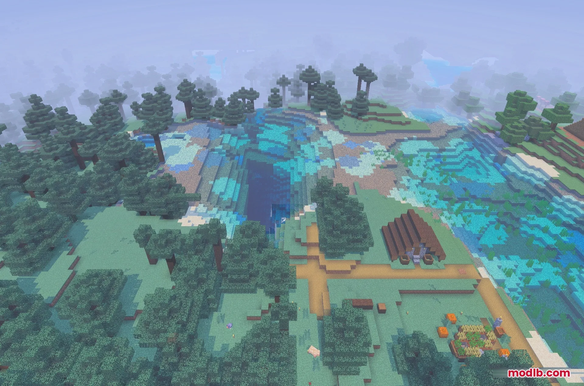 New Land SMP Map Screenshot 4 A village path leading toward a large lake surrounded by spruce trees