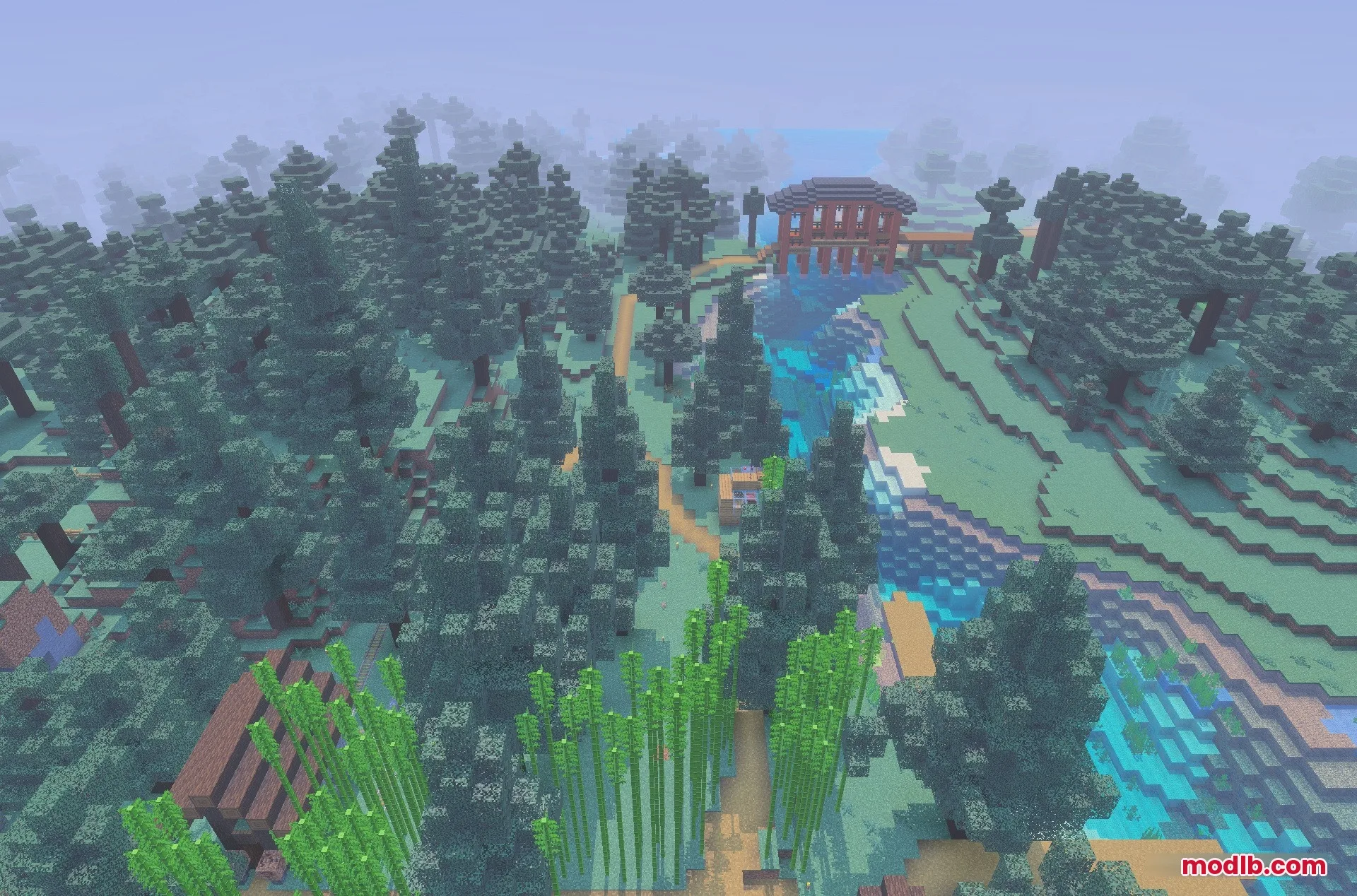 New Land SMP Map Screenshot 2 Tall bamboo stalks grow near a path leading to a large wooden bridge
