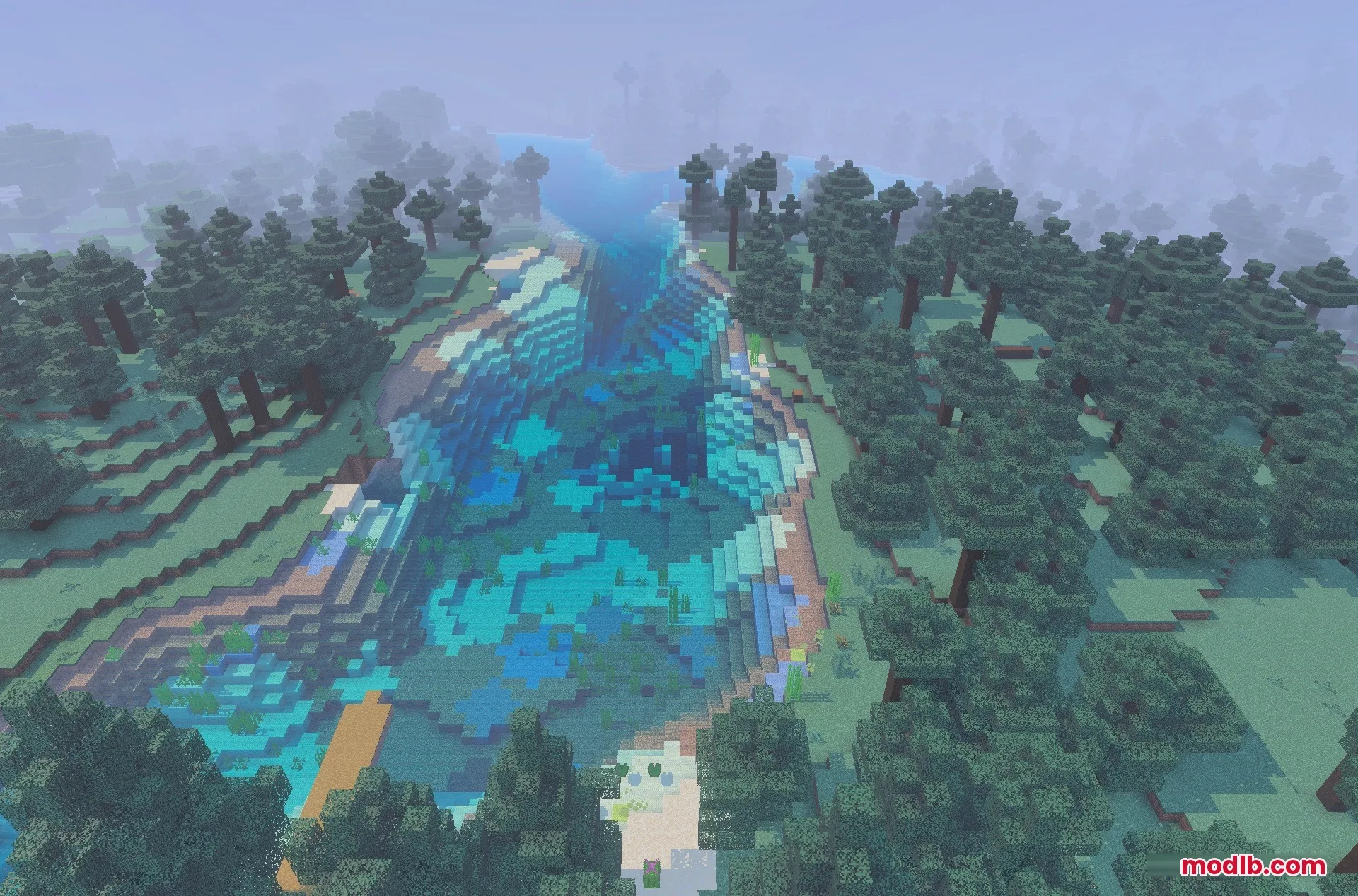 New Land SMP Map Screenshot 6 A scenic river flowing through a lush spruce forest in a custom world
