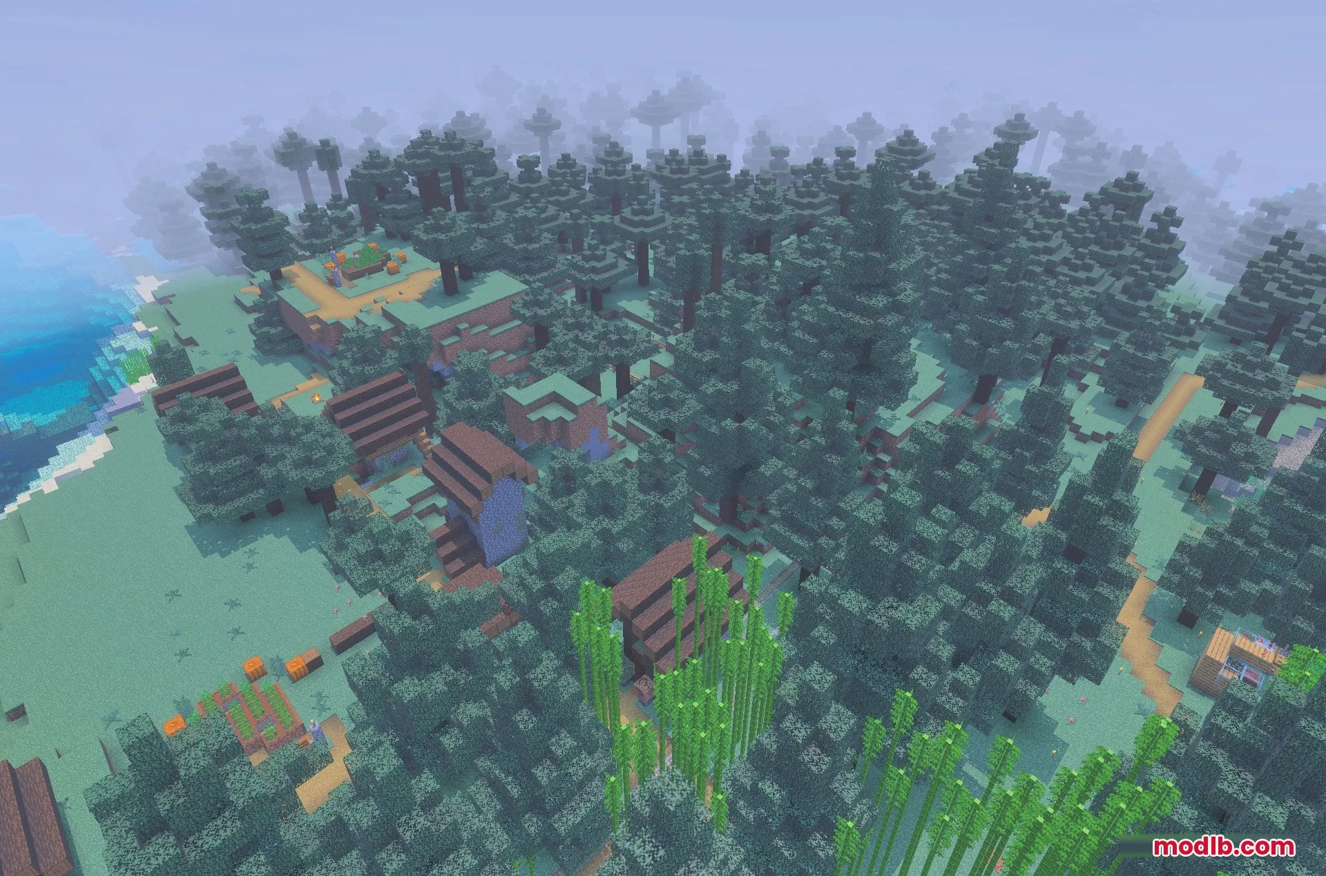 New Land SMP Map Screenshot 3 A peaceful village with custom houses and farms in a spruce forest