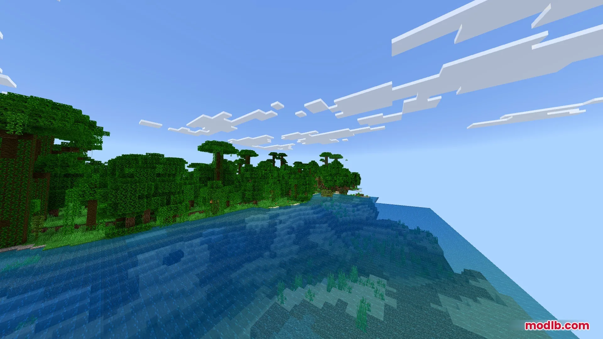 Lush jungle trees reflected in clear blue water under a bright sky