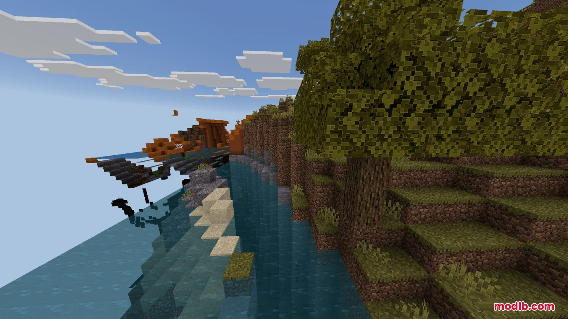 Clear water reflections appear near a rocky cliffside with a floating wooden structure