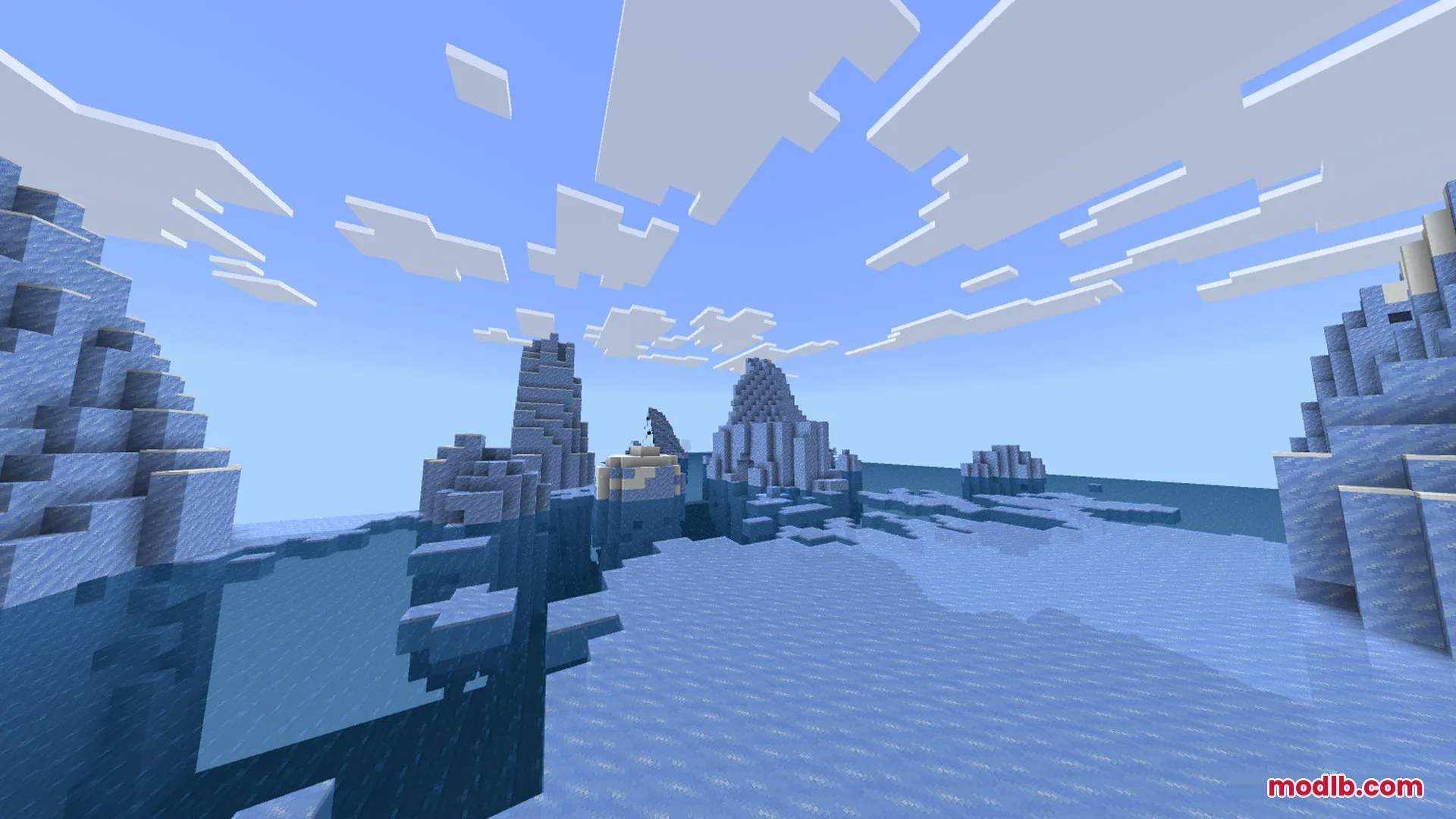 Realistic water reflections and atmospheric fog in a frozen Minecraft ocean biome