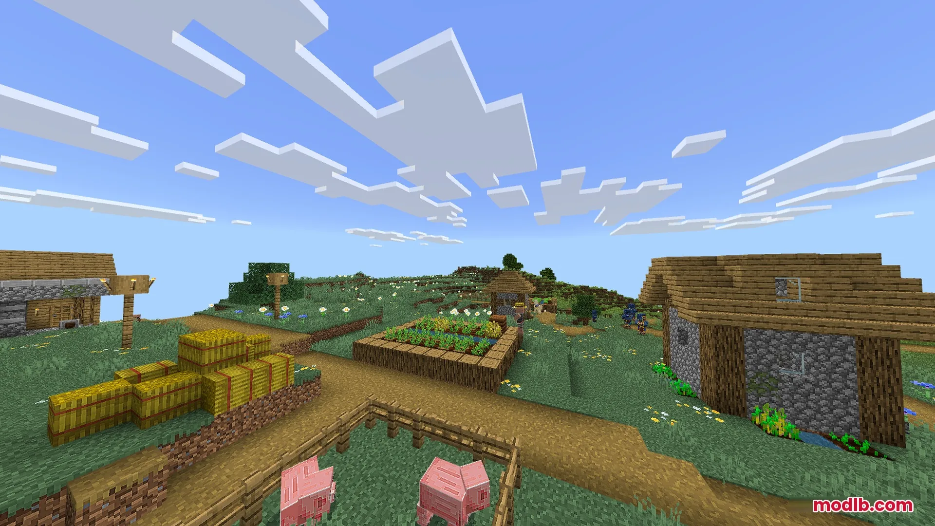 A peaceful Minecraft village with wooden houses and pigs in a pen