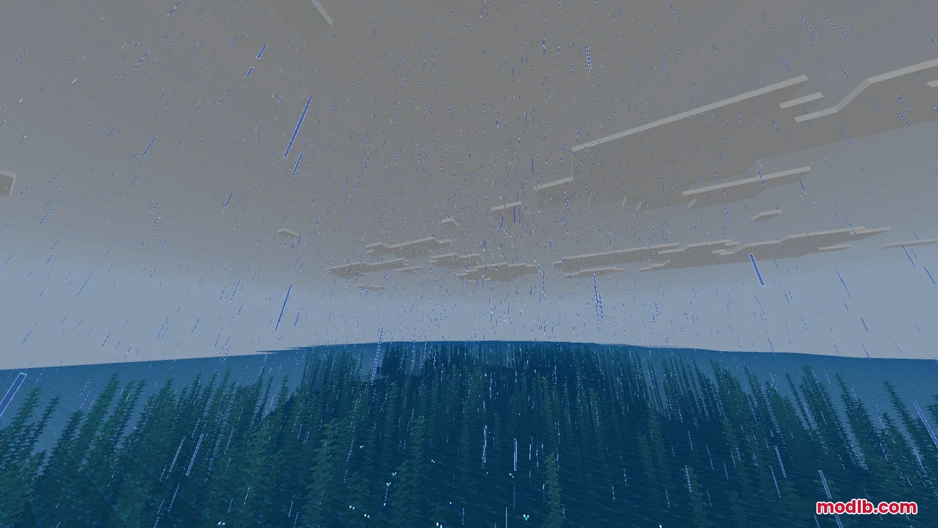 Rain falling over a deep blue ocean with dense seagrass visible underwater
