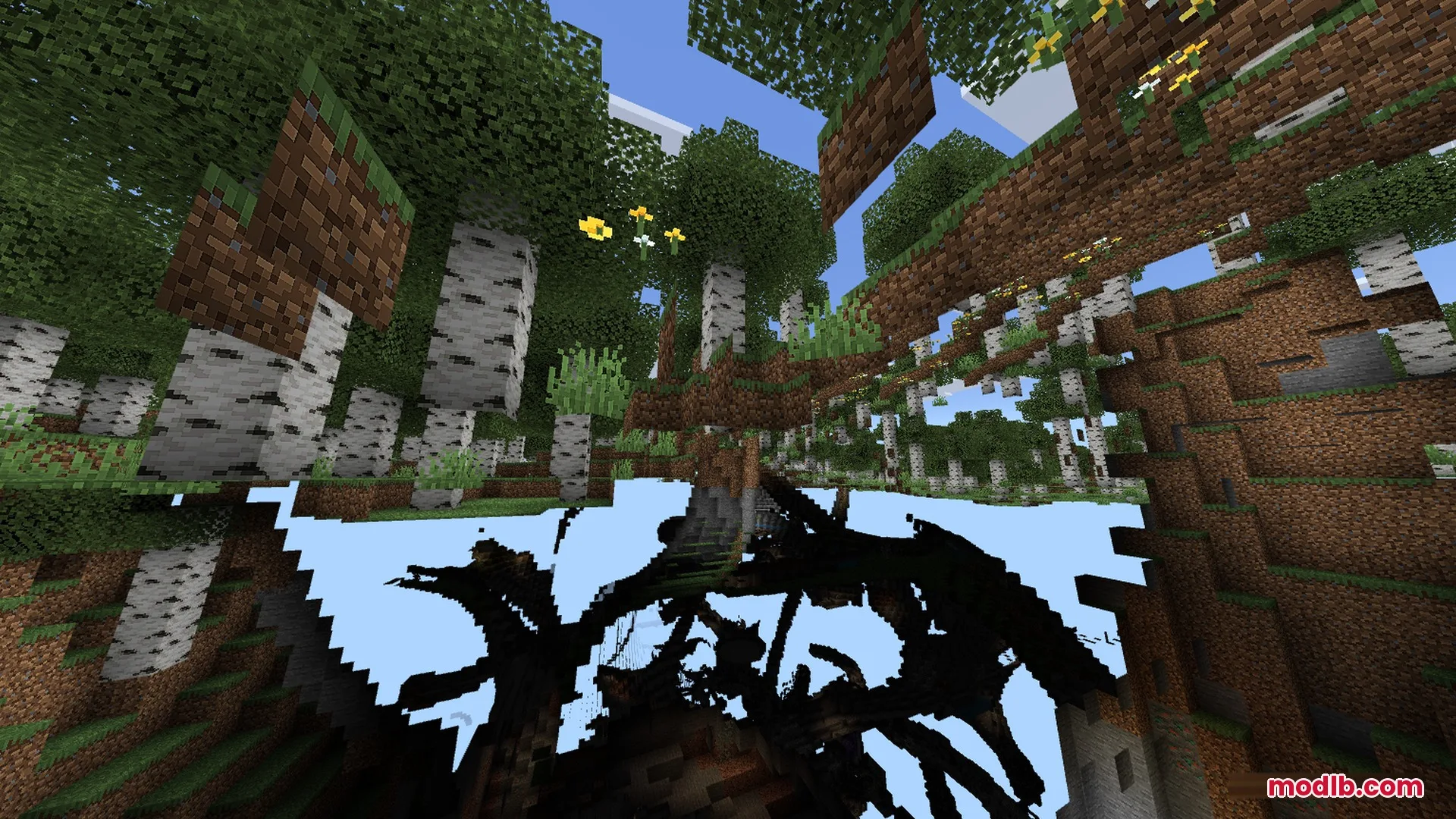 A view from underneath the ground showing birch trees and floating grass blocks
