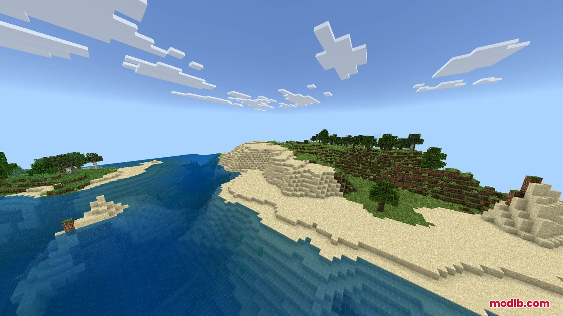 A scenic Minecraft landscape with a sandy beach and clear blue ocean water