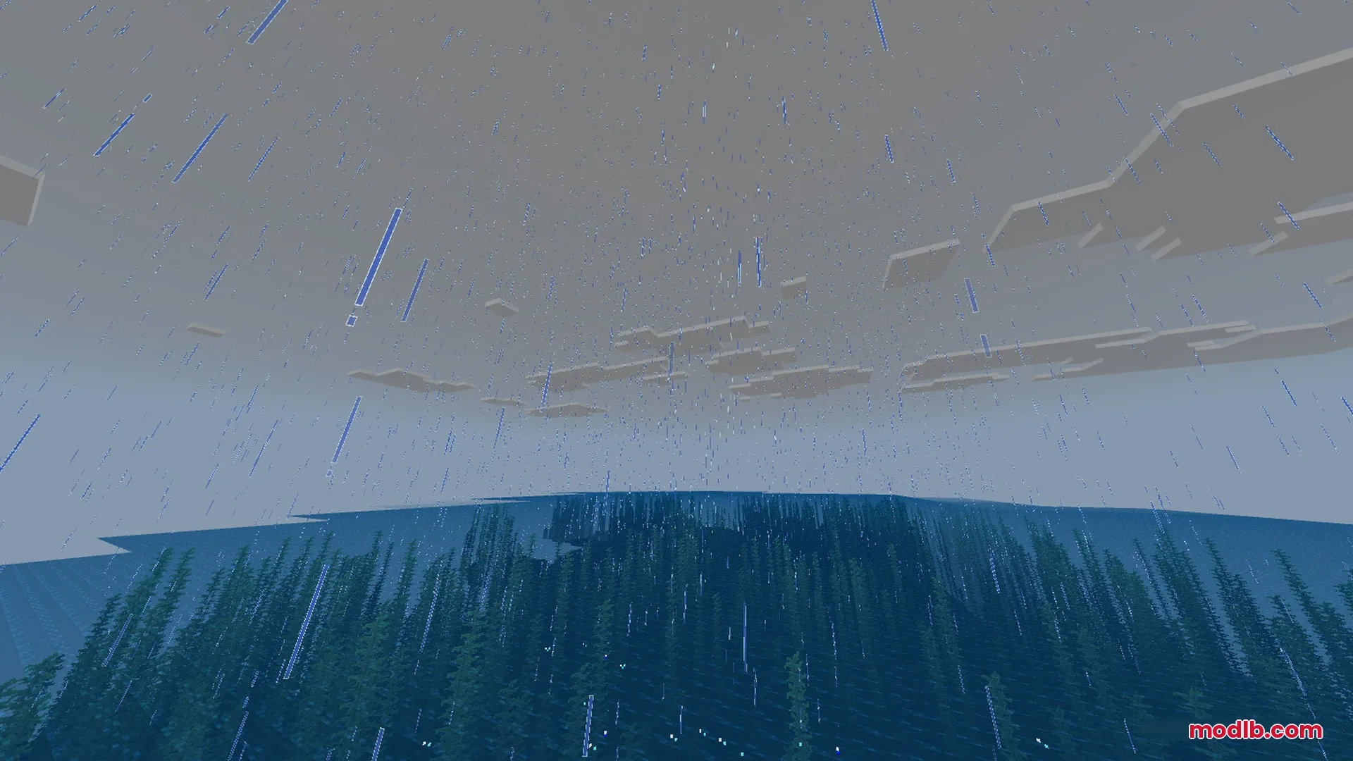 Rain falling over a vast ocean with tall green kelp plants underwater