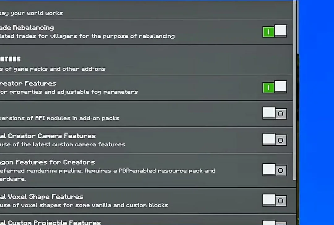 NO WAY MOD Addon Screenshot 2 Minecraft world settings menu with experimental features toggled on for the addon