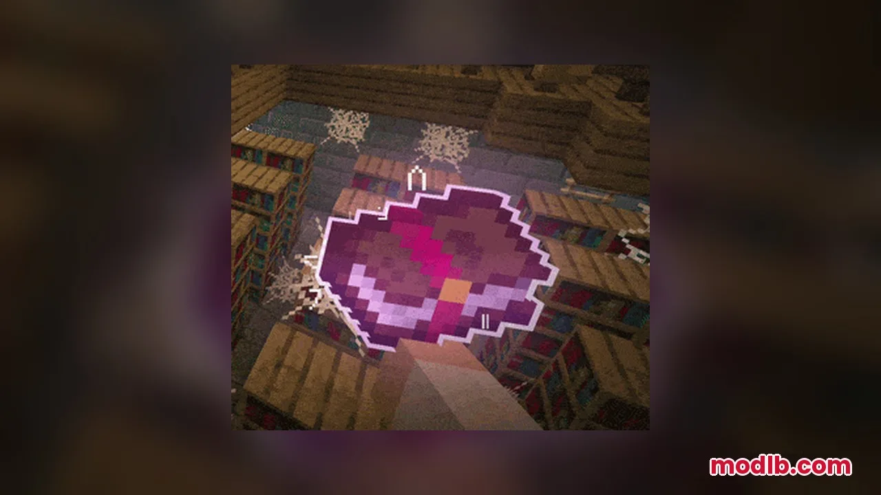 Omnis' Enchantments Resource Pack Screenshot 9 An enchanted book with a purple glow and white outline in a library