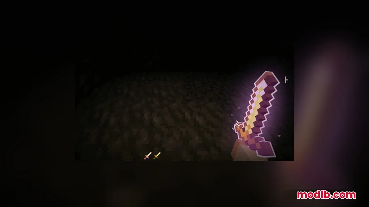Omnis' Enchantments Resource Pack Screenshot 8 Enchanted golden sword with a purple glow held in a dark cave environment