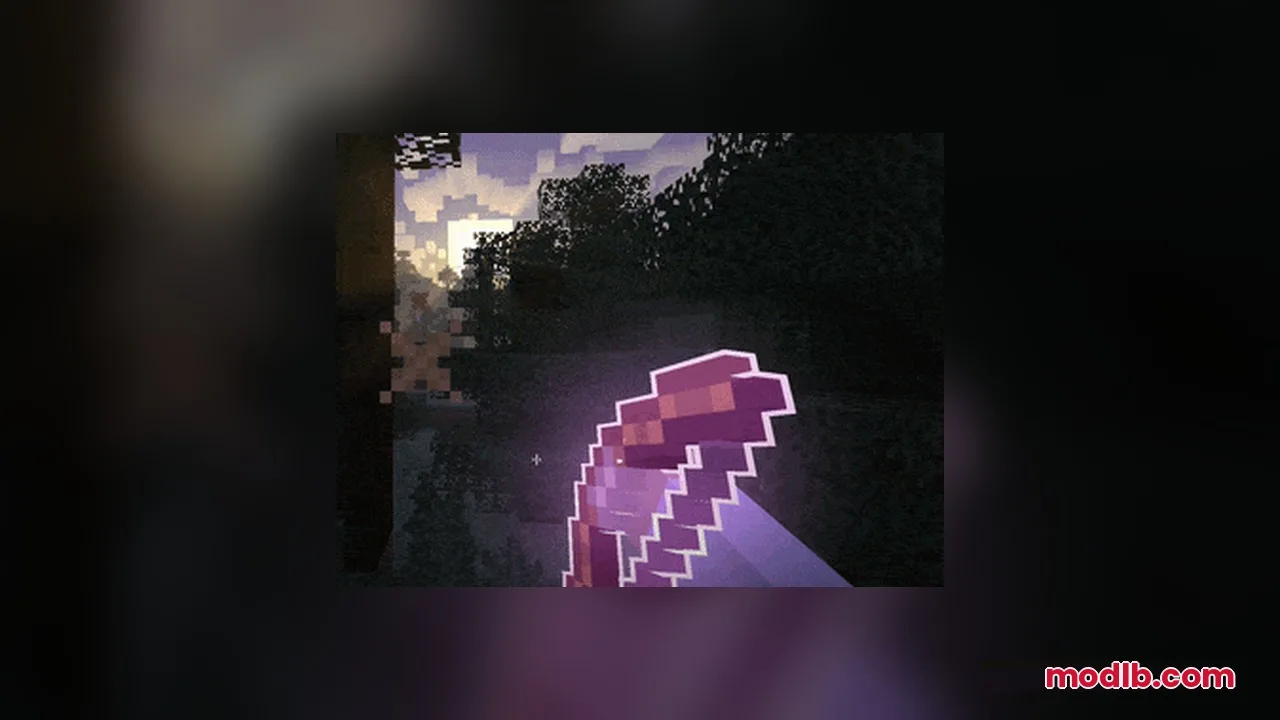 Omnis' Enchantments Resource Pack Screenshot 2 An enchanted bow with a purple outline and arrow being drawn in the woods