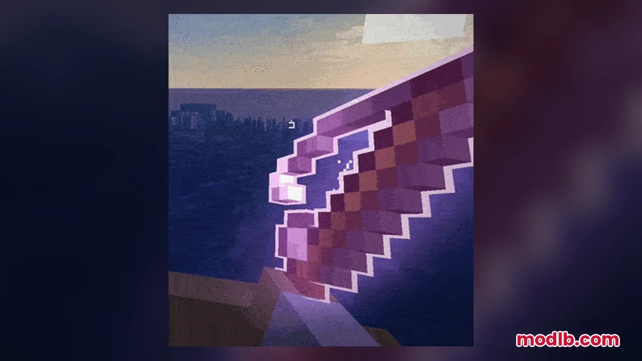Omnis' Enchantments Resource Pack Screenshot 10 A player holds an enchanted sword with a glowing outline during sunset