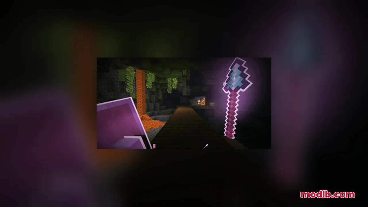 Omnis' Enchantments Resource Pack Screenshot 5 An enchanted trident with a purple glowing outline and runic particles in caves