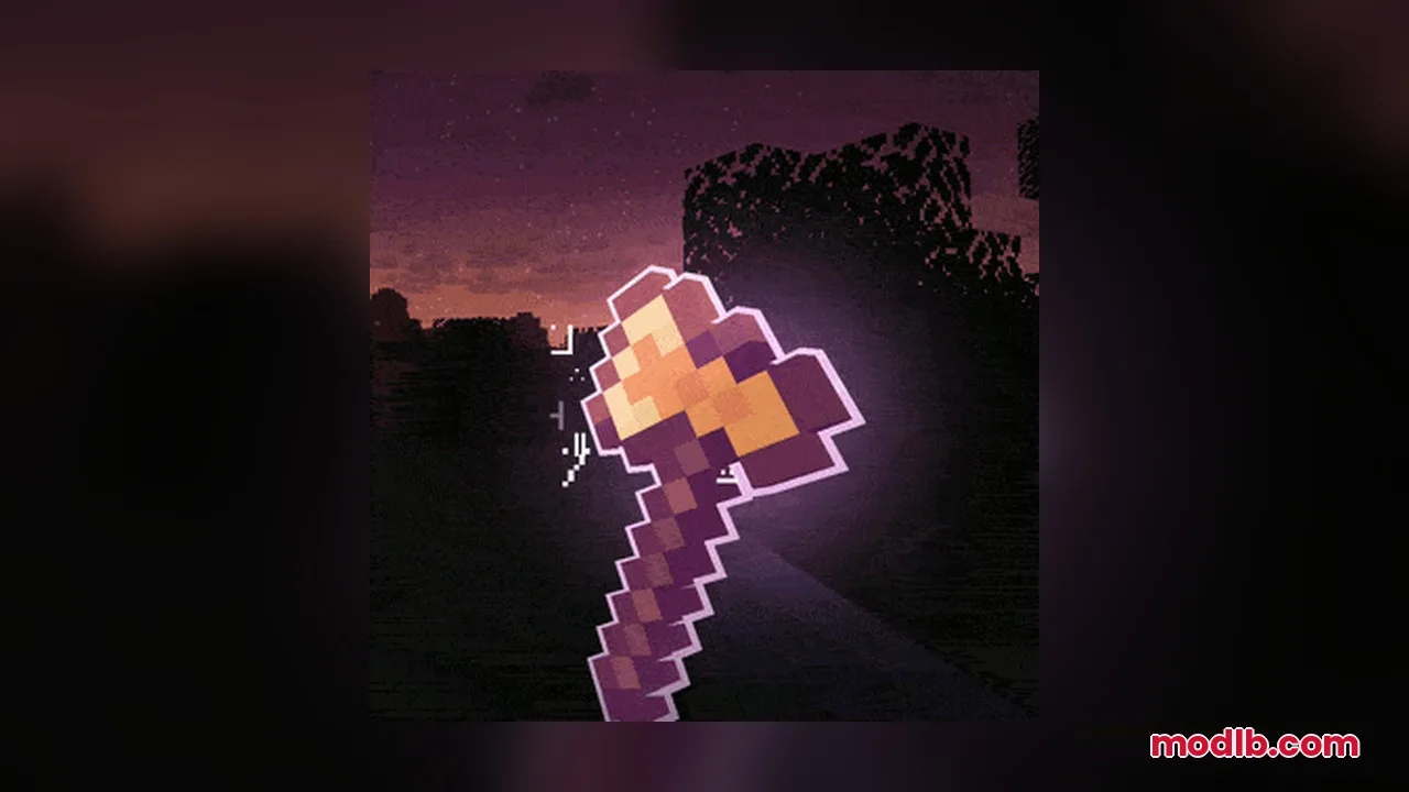 Omnis' Enchantments Resource Pack Screenshot 7 Enchanted golden axe with a glowing purple outline held against a dusk sky
