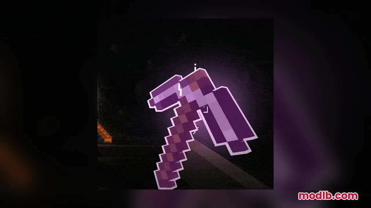 Omnis' Enchantments Resource Pack Screenshot 4 A glowing enchanted pickaxe with purple outlines and runic particles held in a cave