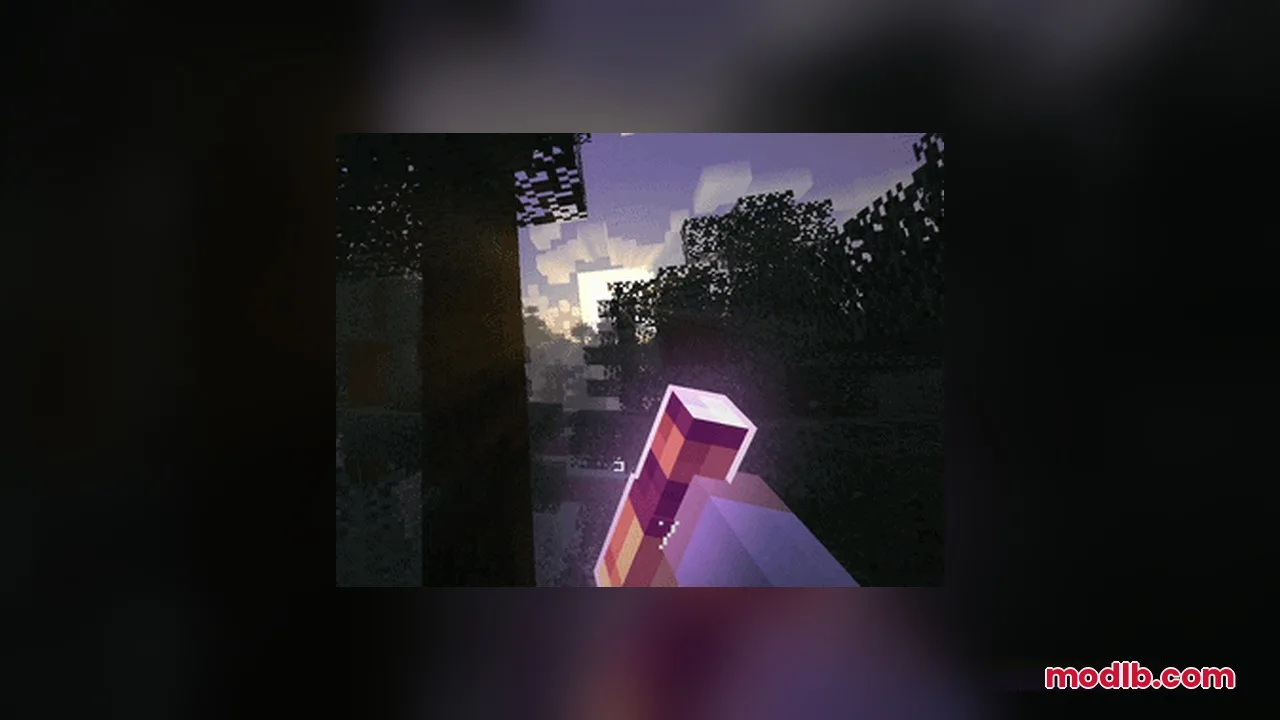 Omnis' Enchantments Resource Pack Screenshot 12 Player holding an enchanted item that emits light in a dark forest environment