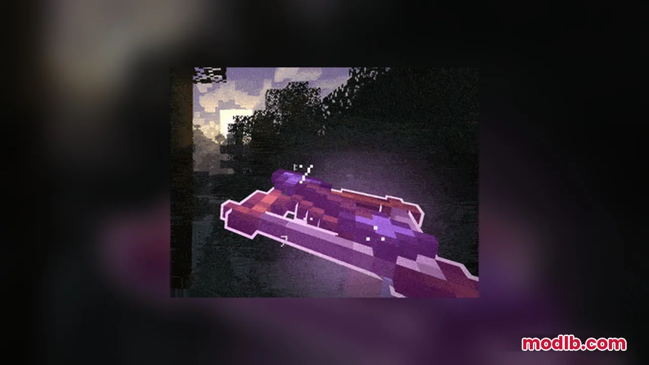 Omnis' Enchantments Resource Pack Screenshot 1 A player holds a glowing purple enchanted crossbow in a dark forest
