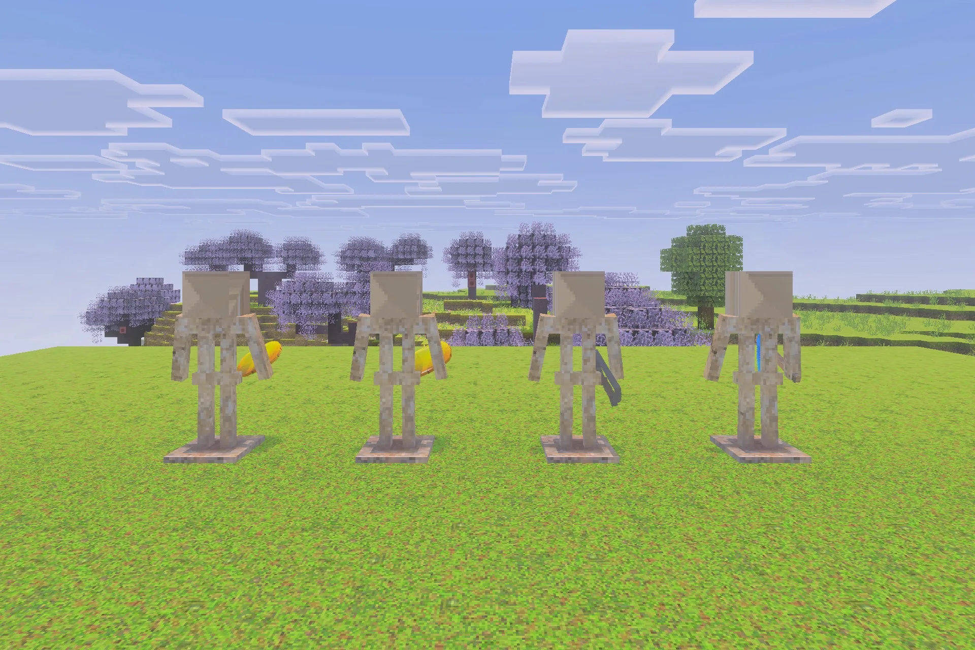 Optimum Realism for Bedrock Edition Texture Pack Screenshot 5 Four armor stands wearing iron armor and holding items near cherry trees