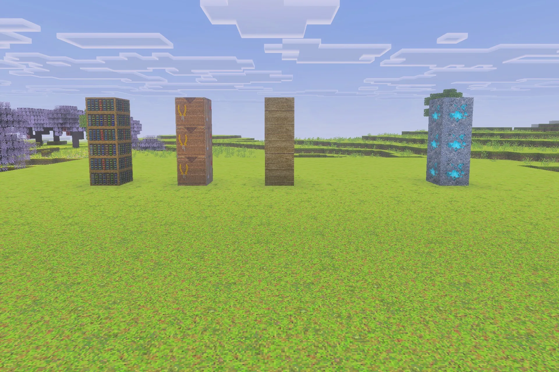 Optimum Realism for Bedrock Edition Texture Pack Screenshot 4 Showcase of realistic PBR block textures including bookshelves and glowing diamond ore