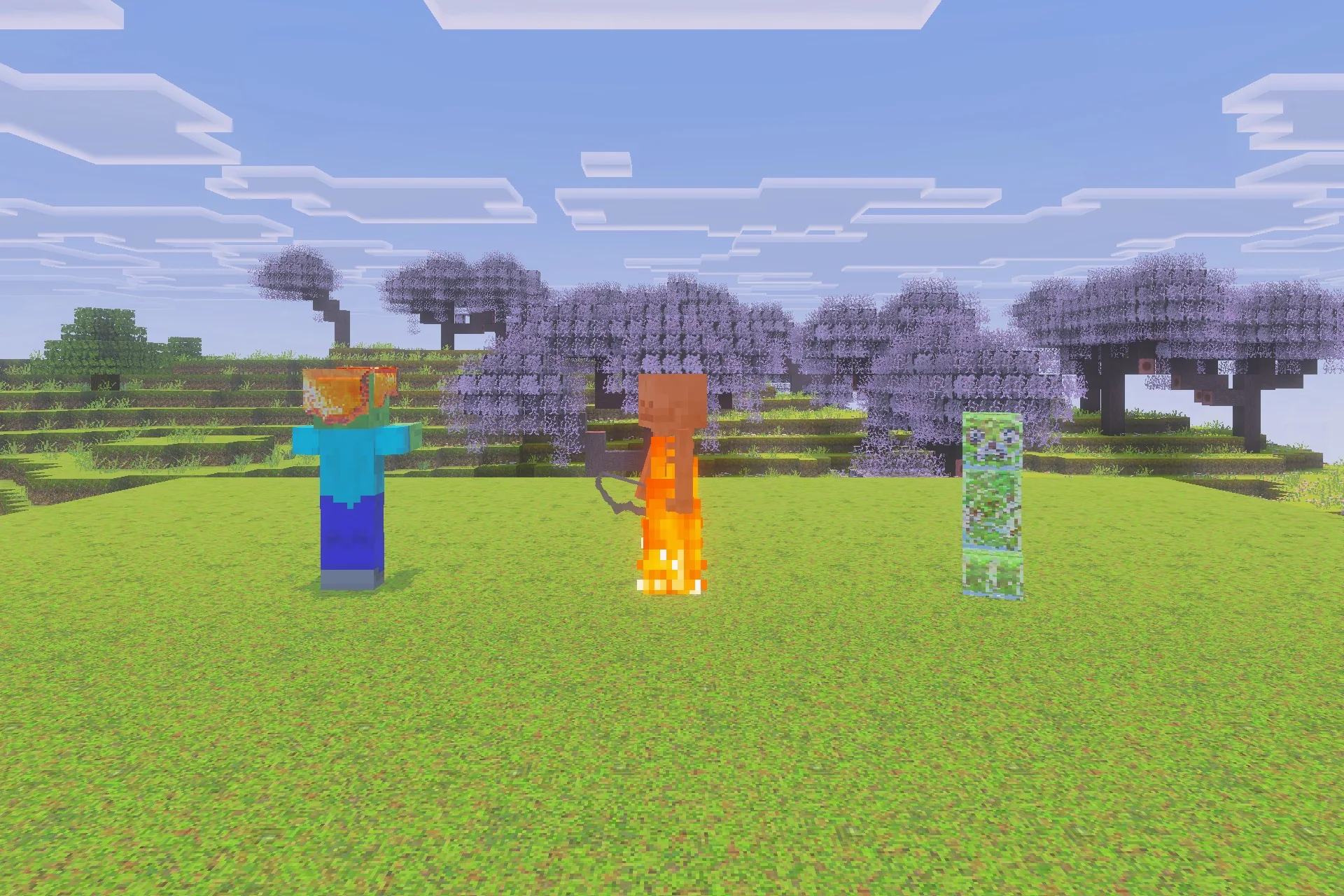 Optimum Realism for Bedrock Edition Texture Pack Screenshot 2 A zombie burning skeleton and creeper standing on a grassy field