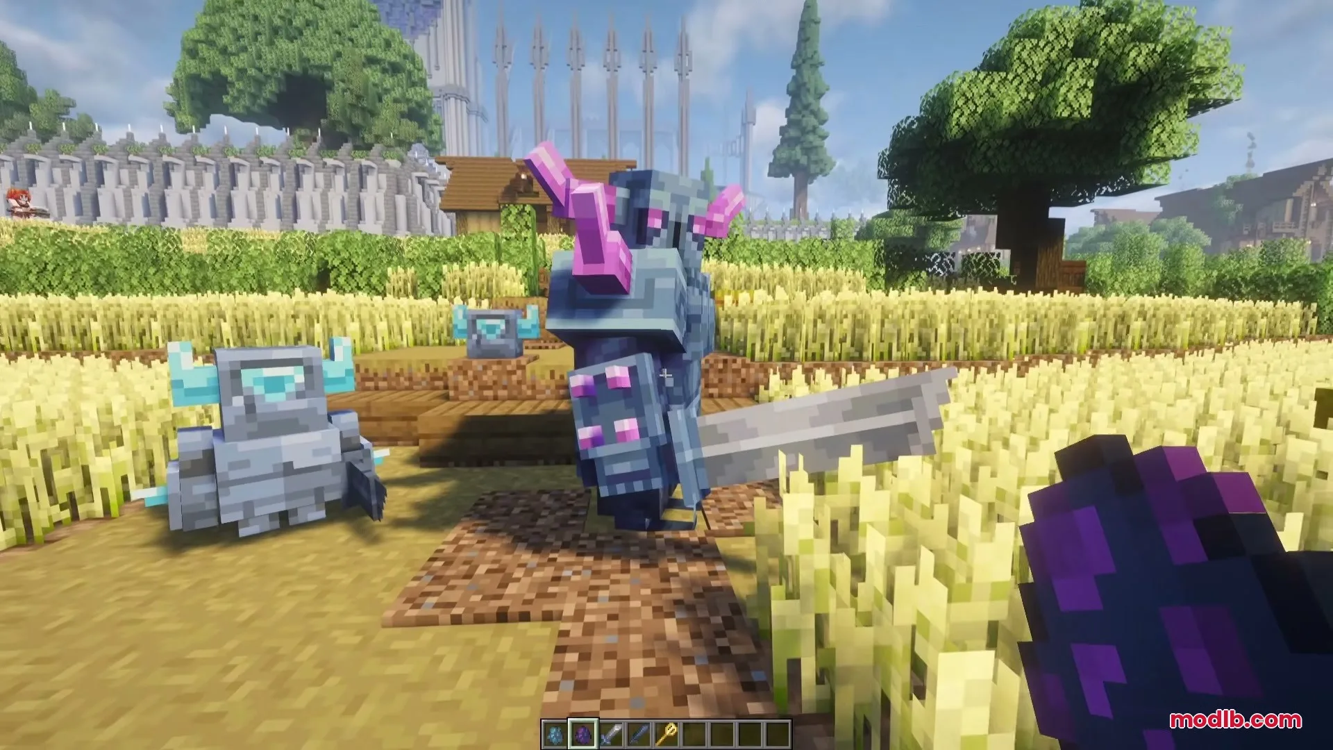 Large armored warrior standing beside a smaller companion in a farm