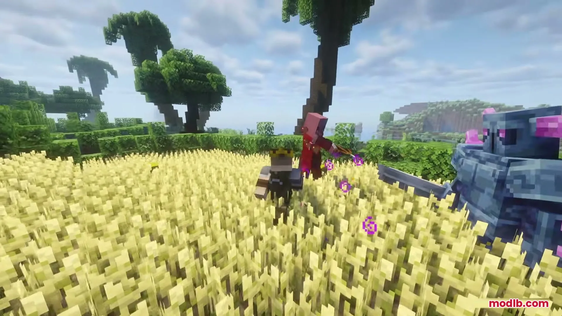 Mini PEKKA battles mobs with a player in wheat