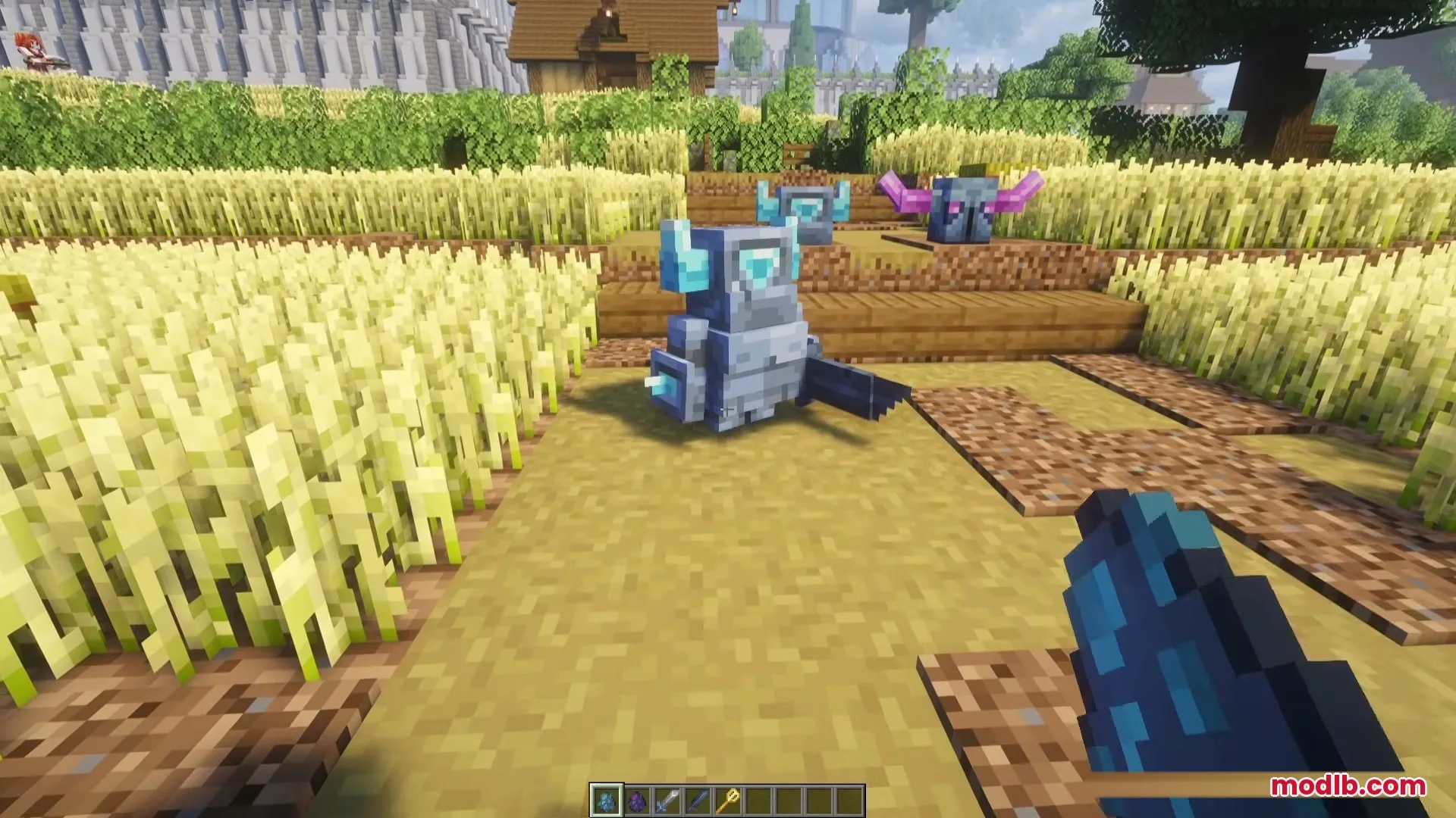 Small armored companion standing on a path near a wheat field