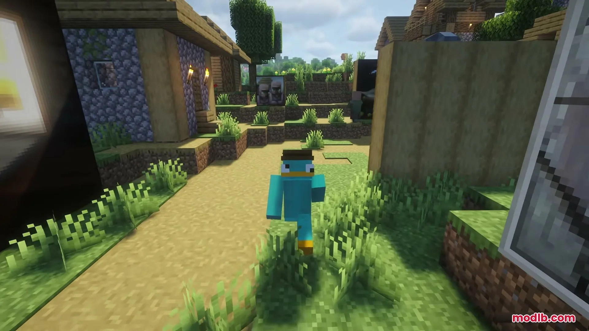 A player explores a village decorated with many different styles of custom paintings