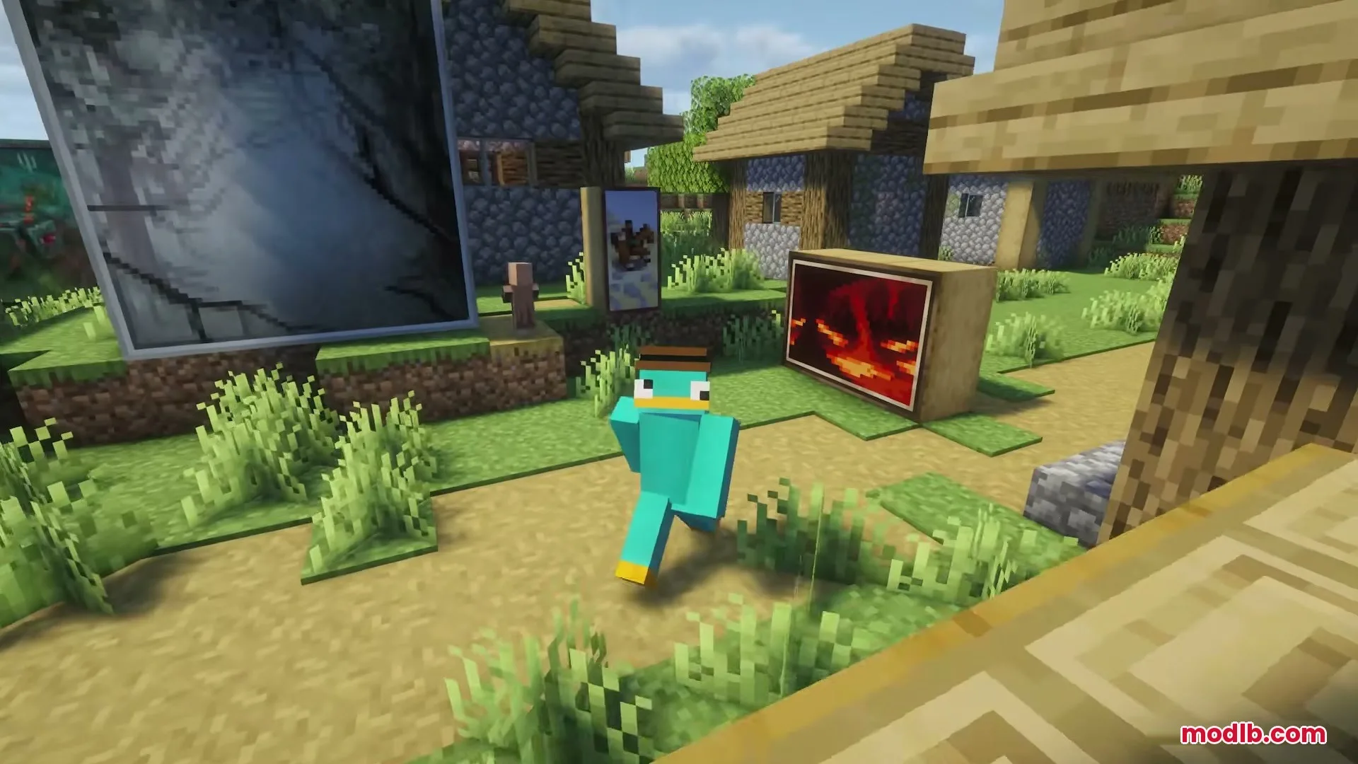 Perry the Platypus character walks past several large custom paintings in a village