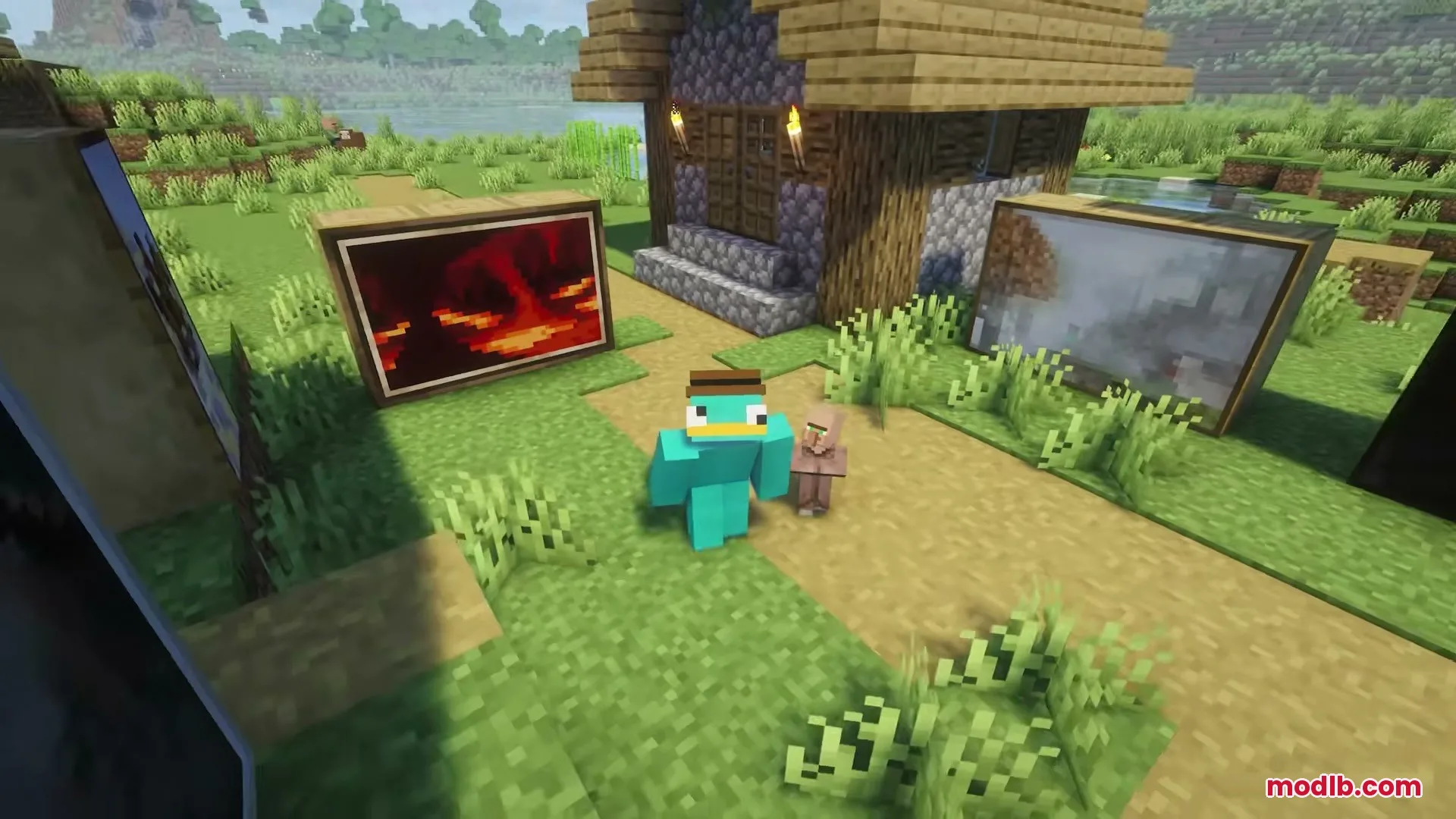 Character with platypus skin standing between two large paintings from Painters Inc Mod